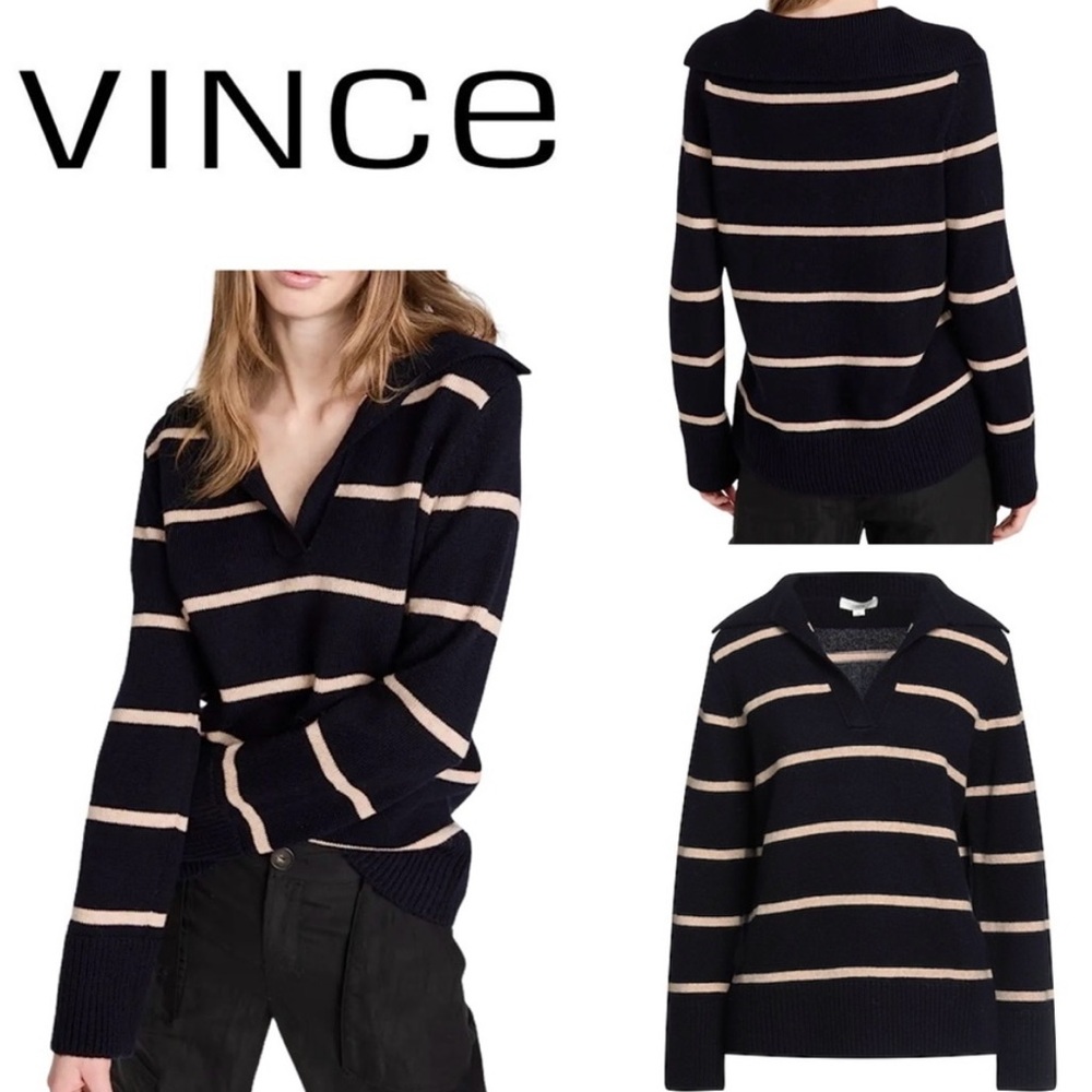 Vince Johnny Collar Stripe Wool Cashmere Sweater in Navy/Tan